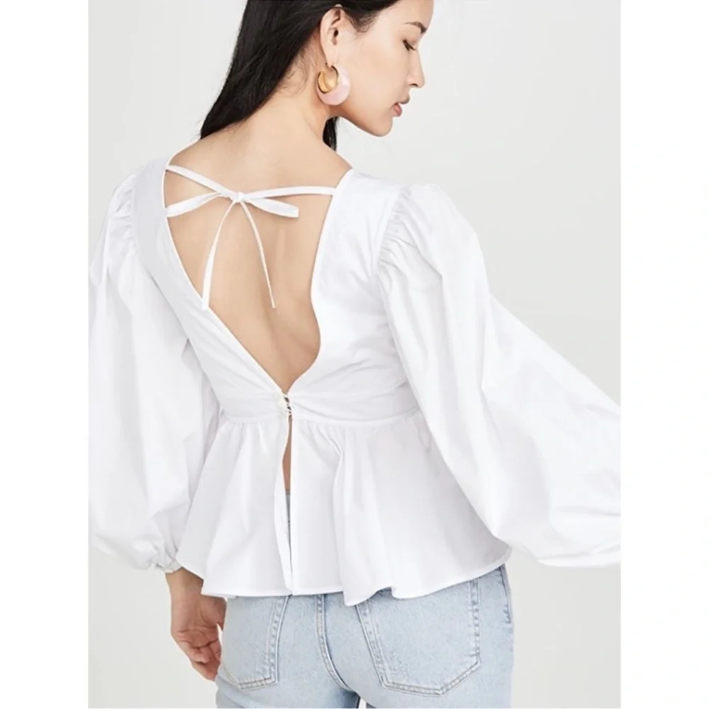 STAUD White V-Neck Peplum Puff Sleeve Blouse